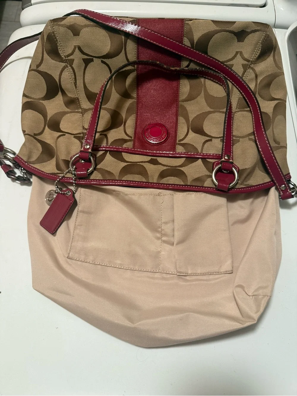 Coach Beige Signature Canvas Shoulder Bag with Red Trim